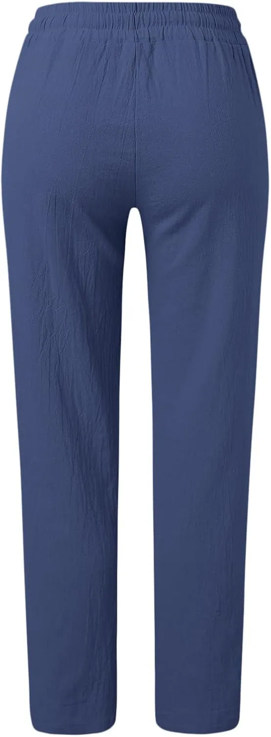 Women's Cotton Linen Pants Straight Leg Solid Lightweight Lounge Pant Casual Baggy Comfy Summer Trousers with Pockets