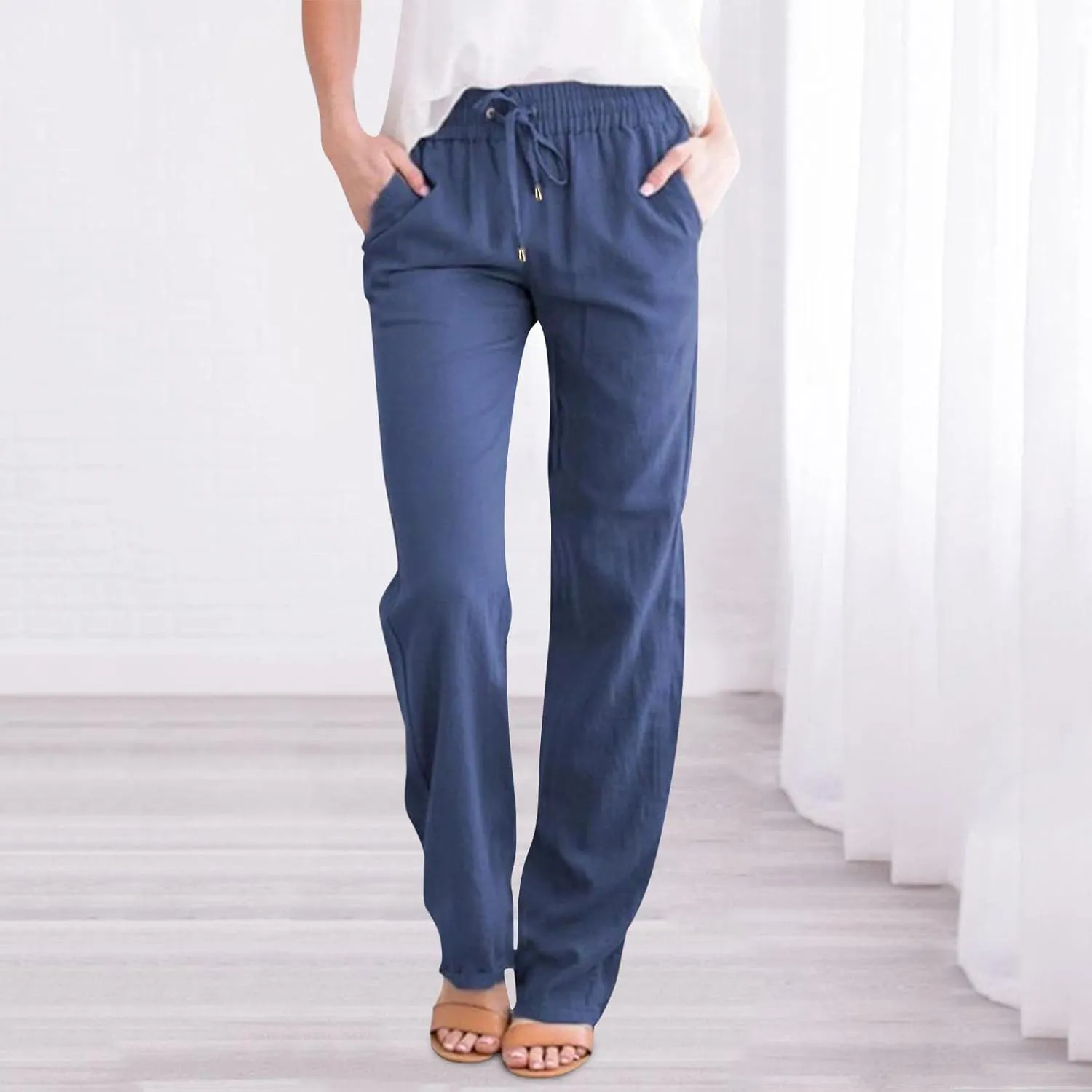 Women's Cotton Linen Pants Straight Leg Solid Lightweight Lounge Pant Casual Baggy Comfy Summer Trousers with Pockets
