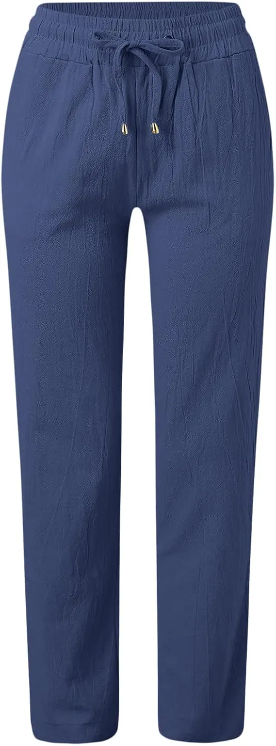 Women's Cotton Linen Pants Straight Leg Solid Lightweight Lounge Pant Casual Baggy Comfy Summer Trousers with Pockets
