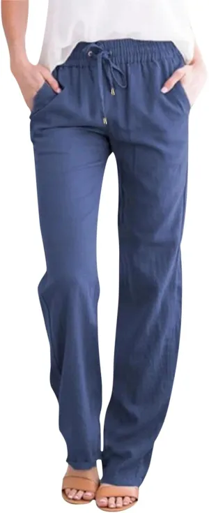 Women's Cotton Linen Pants Straight Leg Solid Lightweight Lounge Pant Casual Baggy Comfy Summer Trousers with Pockets
