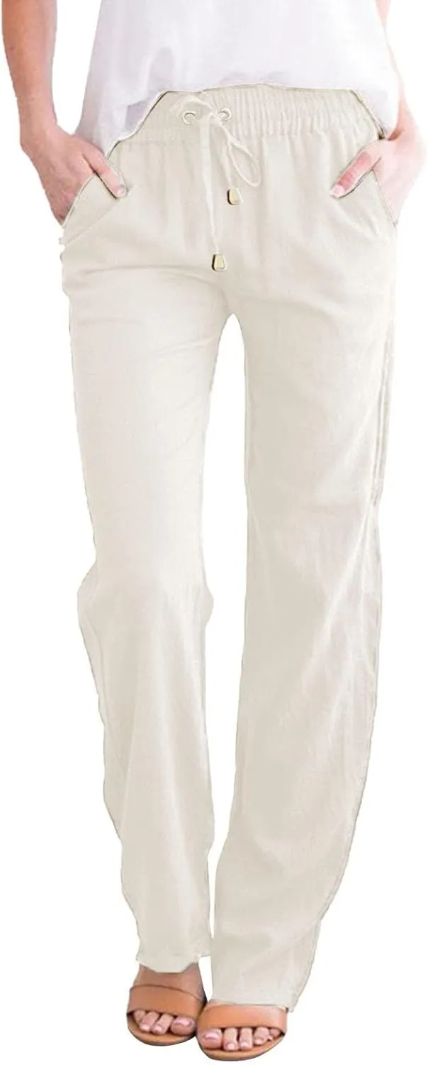Women's Cotton Linen Pants Summer Beach Wide Leg Casual Slim Fit Drawstring Elastic Waist Palazzo Pants with Pockets