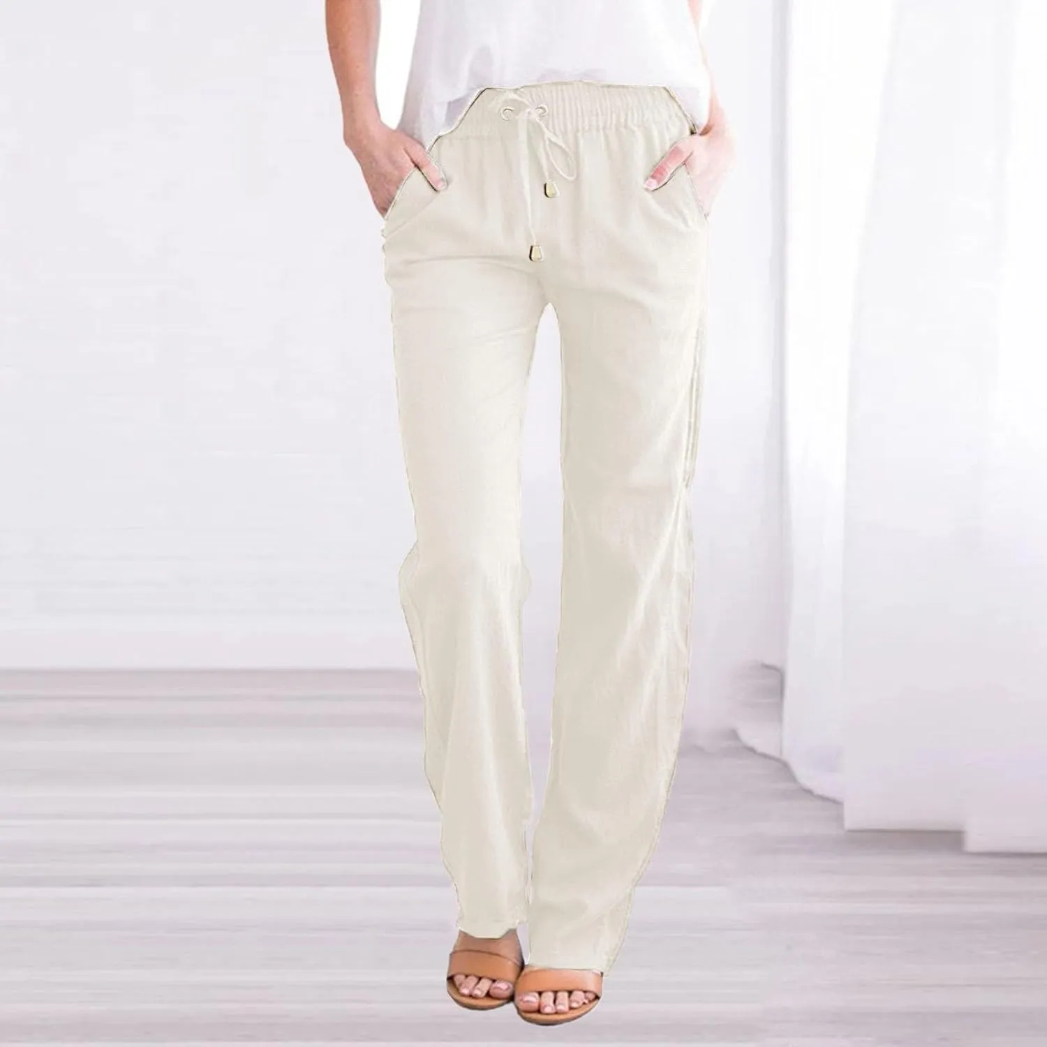 Women's Cotton Linen Pants Summer Beach Wide Leg Casual Slim Fit Drawstring Elastic Waist Palazzo Pants with Pockets