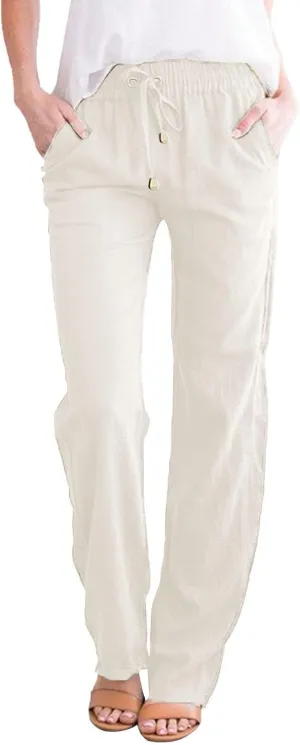 Women's Cotton Linen Pants Summer Beach Wide Leg Casual Slim Fit Drawstring Elastic Waist Palazzo Pants with Pockets