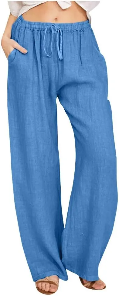 Women's Cotton Linen Pants Summer Wide Leg Pants Casual Loose Drawstring High Waist Palazzo Pants Trousers Pockets
