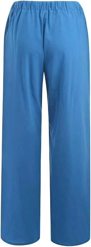 Women's Cotton Linen Pants Summer Wide Leg Pants Casual Loose Drawstring High Waist Palazzo Pants Trousers Pockets