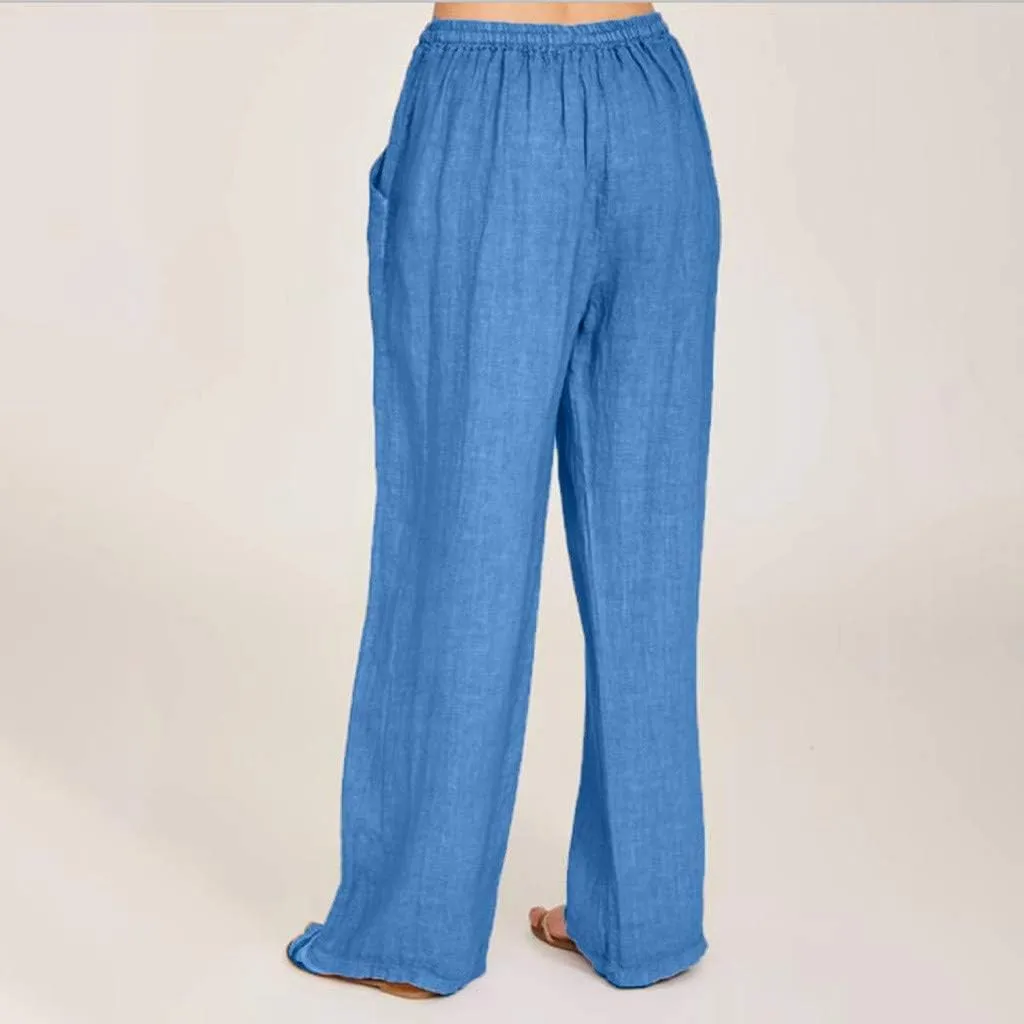 Women's Cotton Linen Pants Summer Wide Leg Pants Casual Loose Drawstring High Waist Palazzo Pants Trousers Pockets