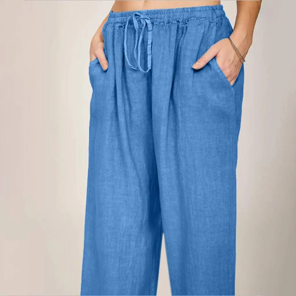 Women's Cotton Linen Pants Summer Wide Leg Pants Casual Loose Drawstring High Waist Palazzo Pants Trousers Pockets