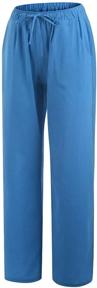 Women's Cotton Linen Pants Summer Wide Leg Pants Casual Loose Drawstring High Waist Palazzo Pants Trousers Pockets