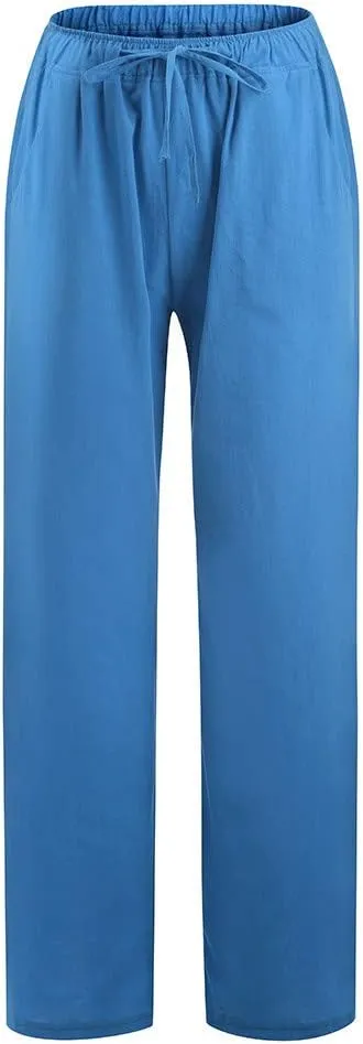 Women's Cotton Linen Pants Summer Wide Leg Pants Casual Loose Drawstring High Waist Palazzo Pants Trousers Pockets