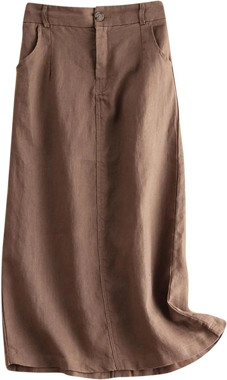 Womens Cotton Linen Skirts A Line Trendy 2025 Summer Casual Skirt Elastic High Waisted Midi Skirts with Pockets