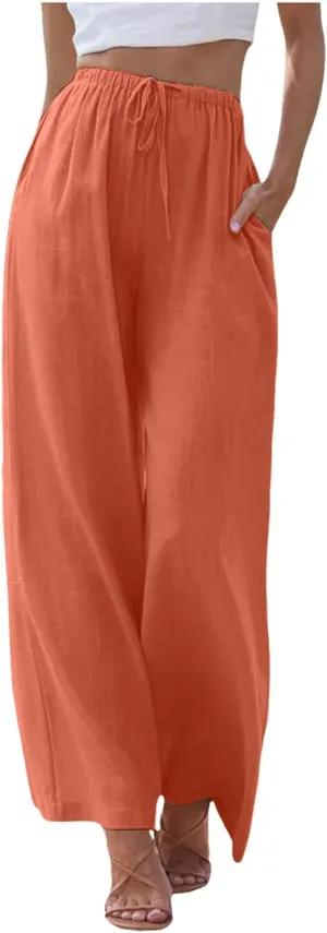 Women's Cotton Linen Summer Palazzo Pants Flowy Wide Leg Linen Pants Vacation Beach Trousers with Pockets