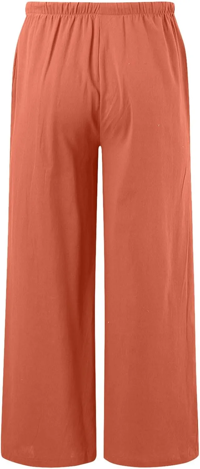 Women's Cotton Linen Summer Palazzo Pants Flowy Wide Leg Linen Pants Vacation Beach Trousers with Pockets