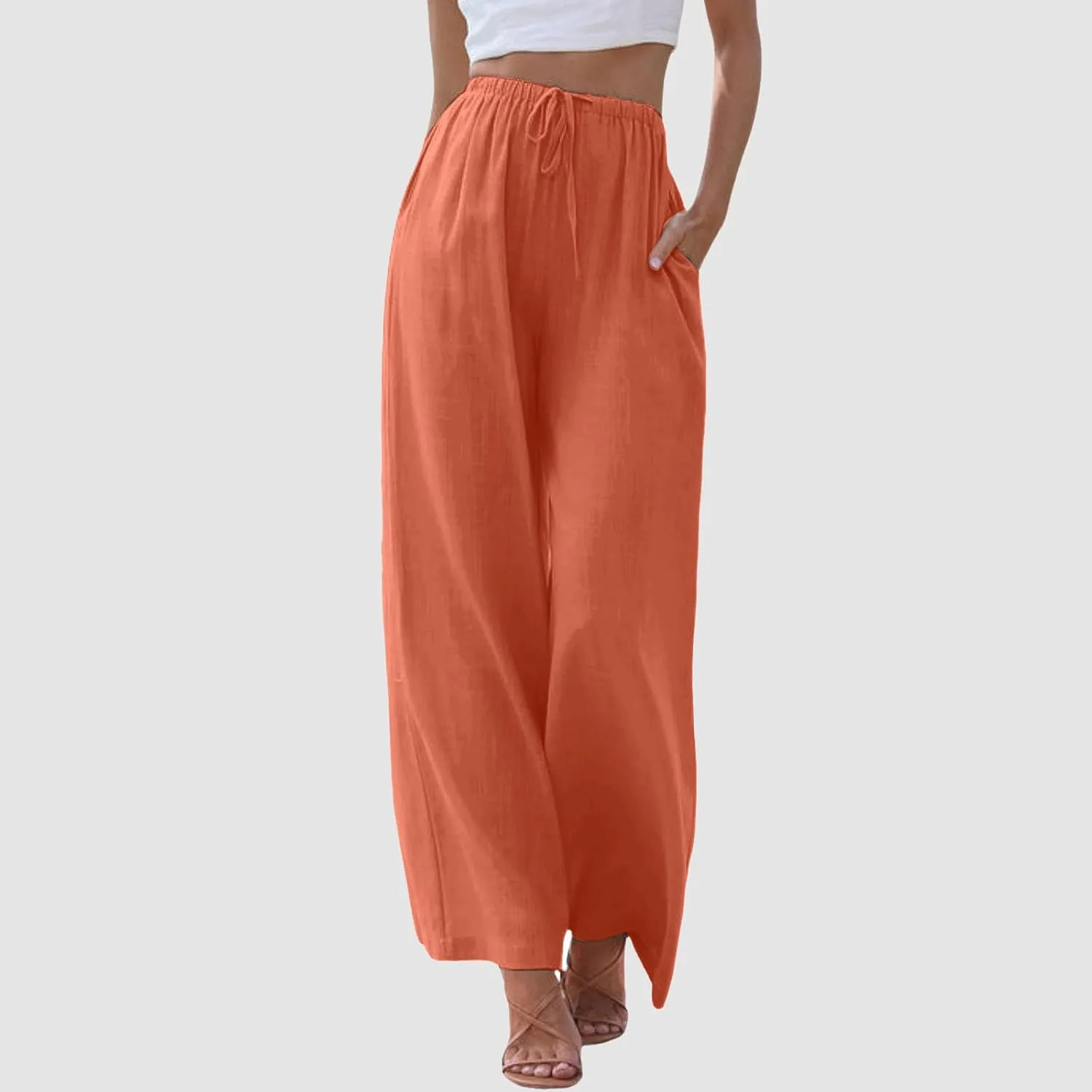 Women's Cotton Linen Summer Palazzo Pants Flowy Wide Leg Linen Pants Vacation Beach Trousers with Pockets