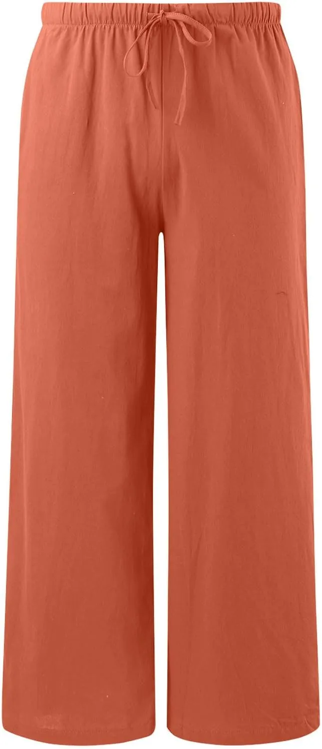Women's Cotton Linen Summer Palazzo Pants Flowy Wide Leg Linen Pants Vacation Beach Trousers with Pockets