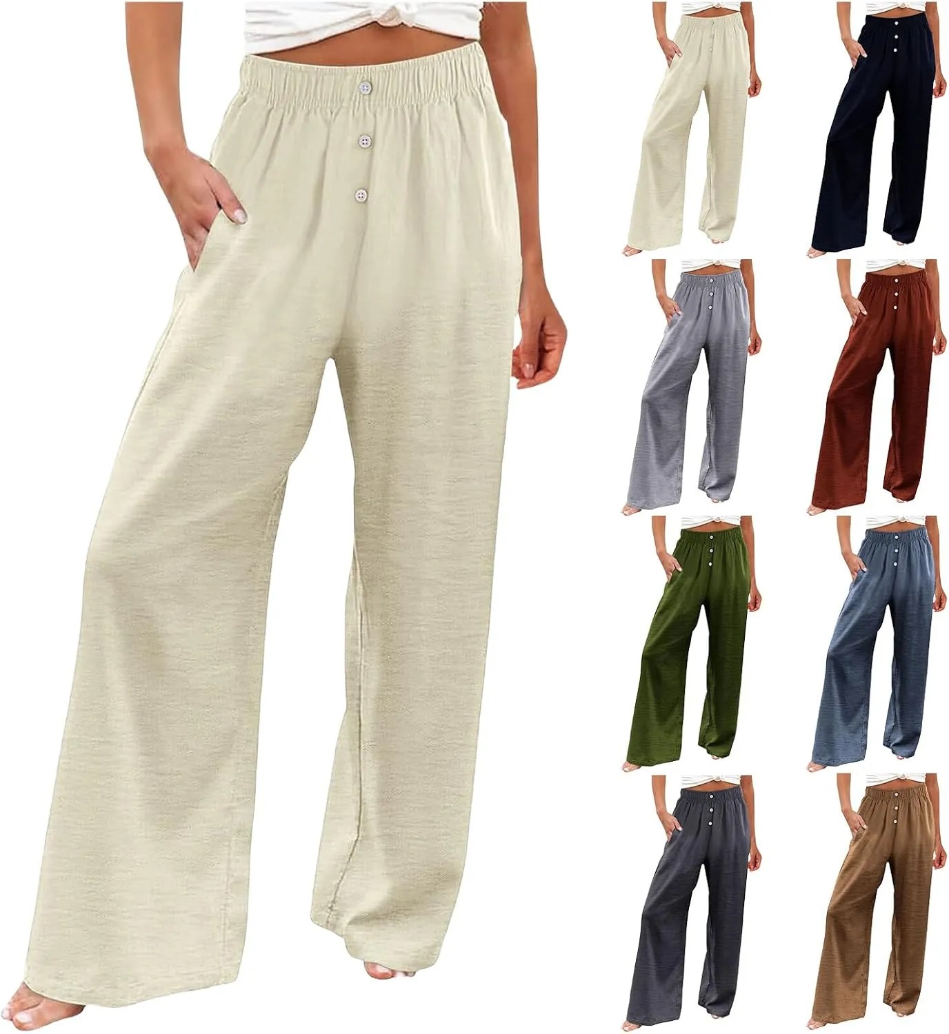 Women's Cotton Linen Wide Leg Pants Casual High Waisted Button Trousers Summer Loose Straight Leg Pant for Women