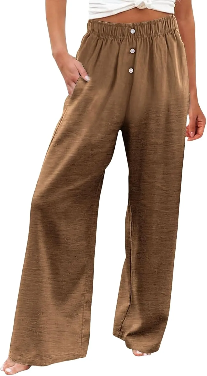 Women's Cotton Linen Wide Leg Pants Casual High Waisted Button Trousers Summer Loose Straight Leg Pant for Women