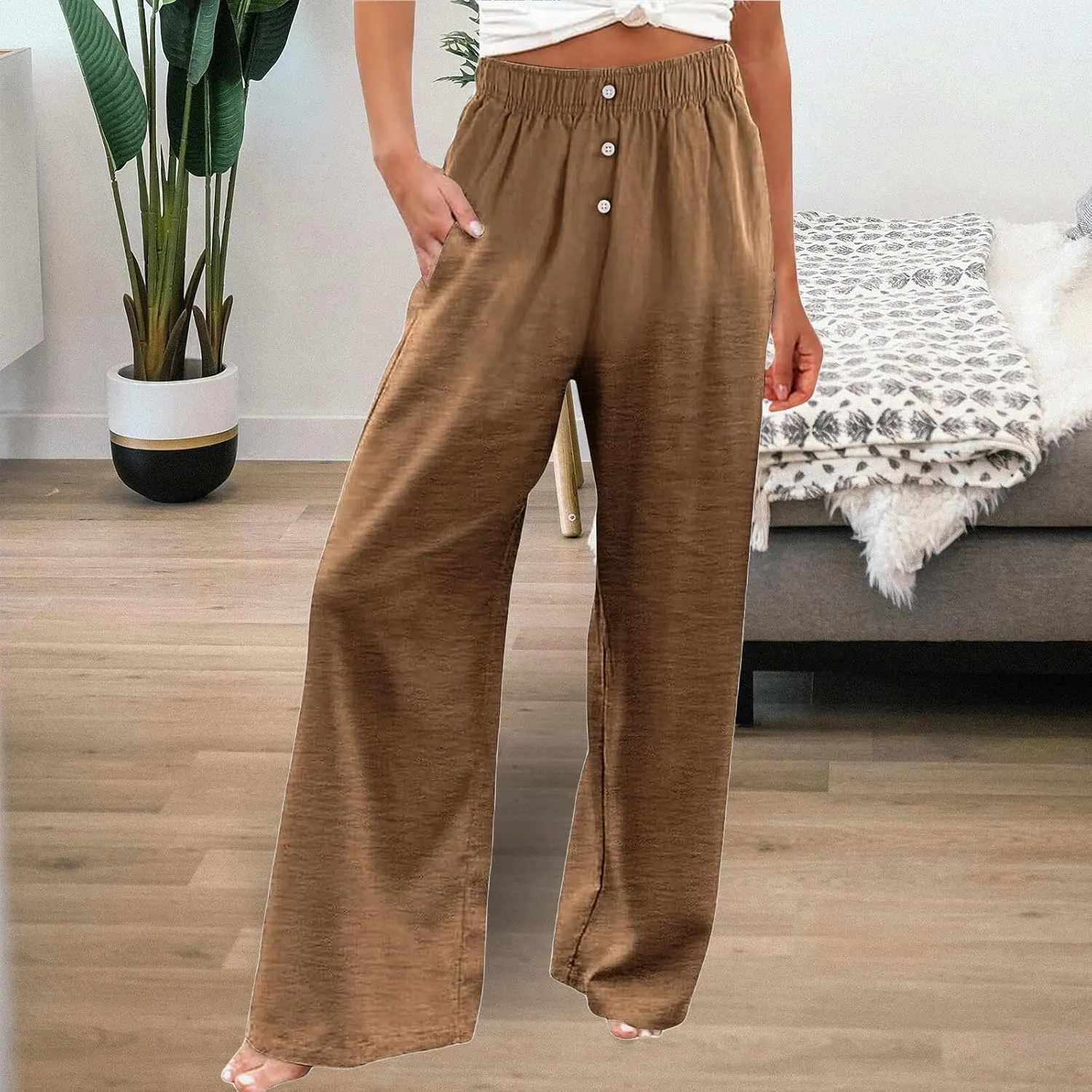 Women's Cotton Linen Wide Leg Pants Casual High Waisted Button Trousers Summer Loose Straight Leg Pant for Women