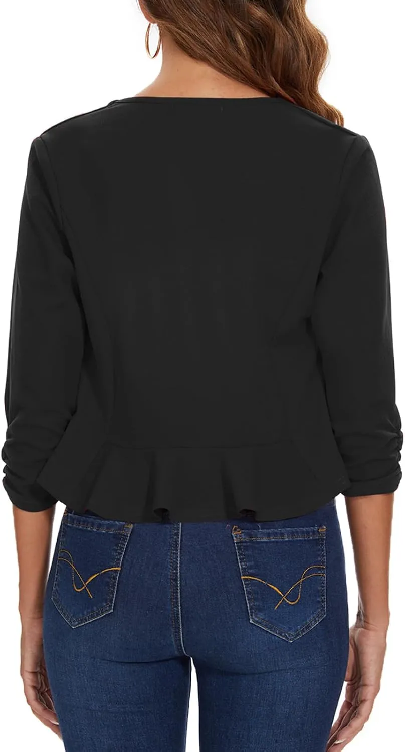 Womens Cropped Blazer 3/4 Ruched Sleeve Collarless Blazers Open Front Casual Work Office Cardigan Suit Jacket