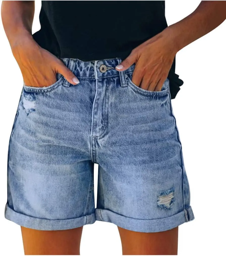 Womens Denim Shorts Stretchy Mid High Waisted Summer Beach Plus Size Casual Trendy Ripped Loose Fit Hot Short Jeans