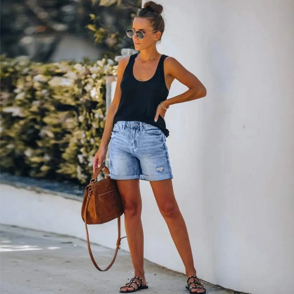 Womens Denim Shorts Stretchy Mid High Waisted Summer Beach Plus Size Casual Trendy Ripped Loose Fit Hot Short Jeans
