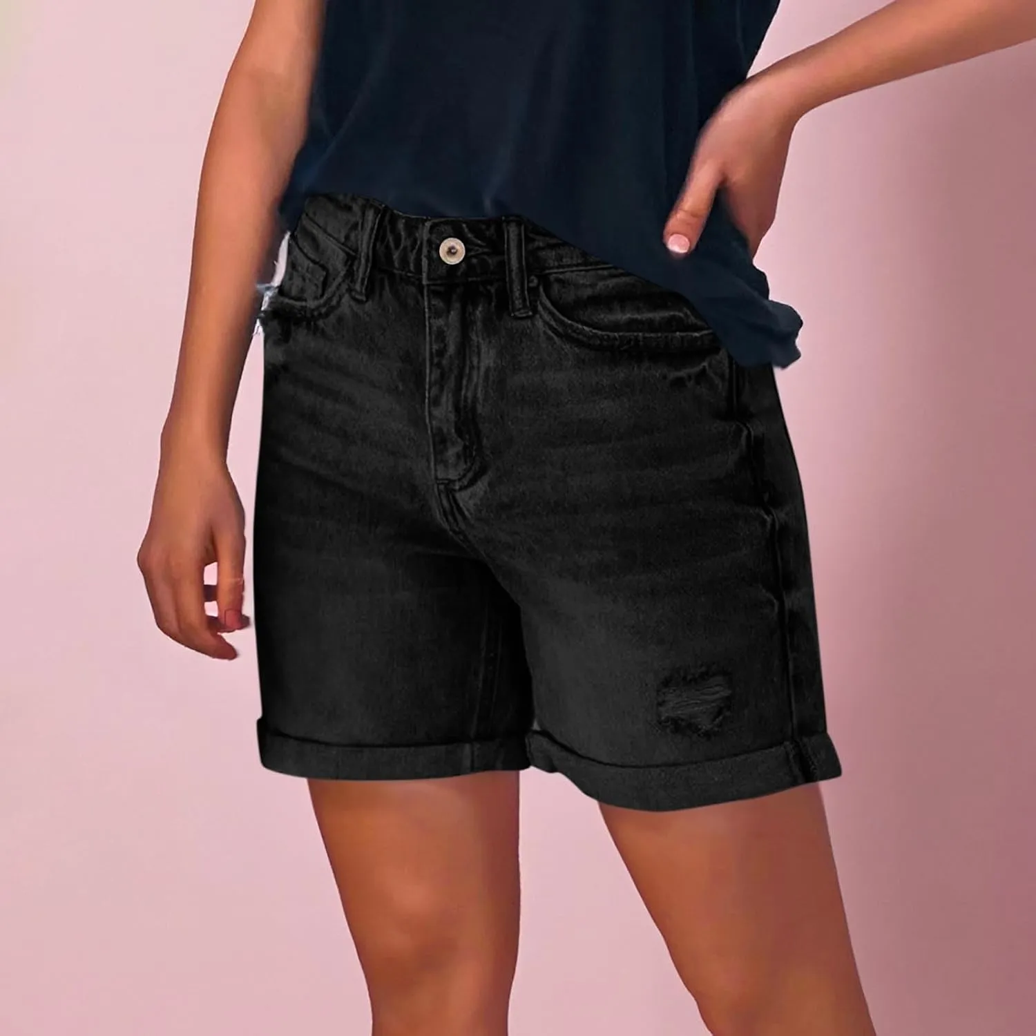 Womens Denim Shorts Stretchy Mid High Waisted Summer Beach Plus Size Casual Trendy Ripped Loose Fit Hot Short Jeans