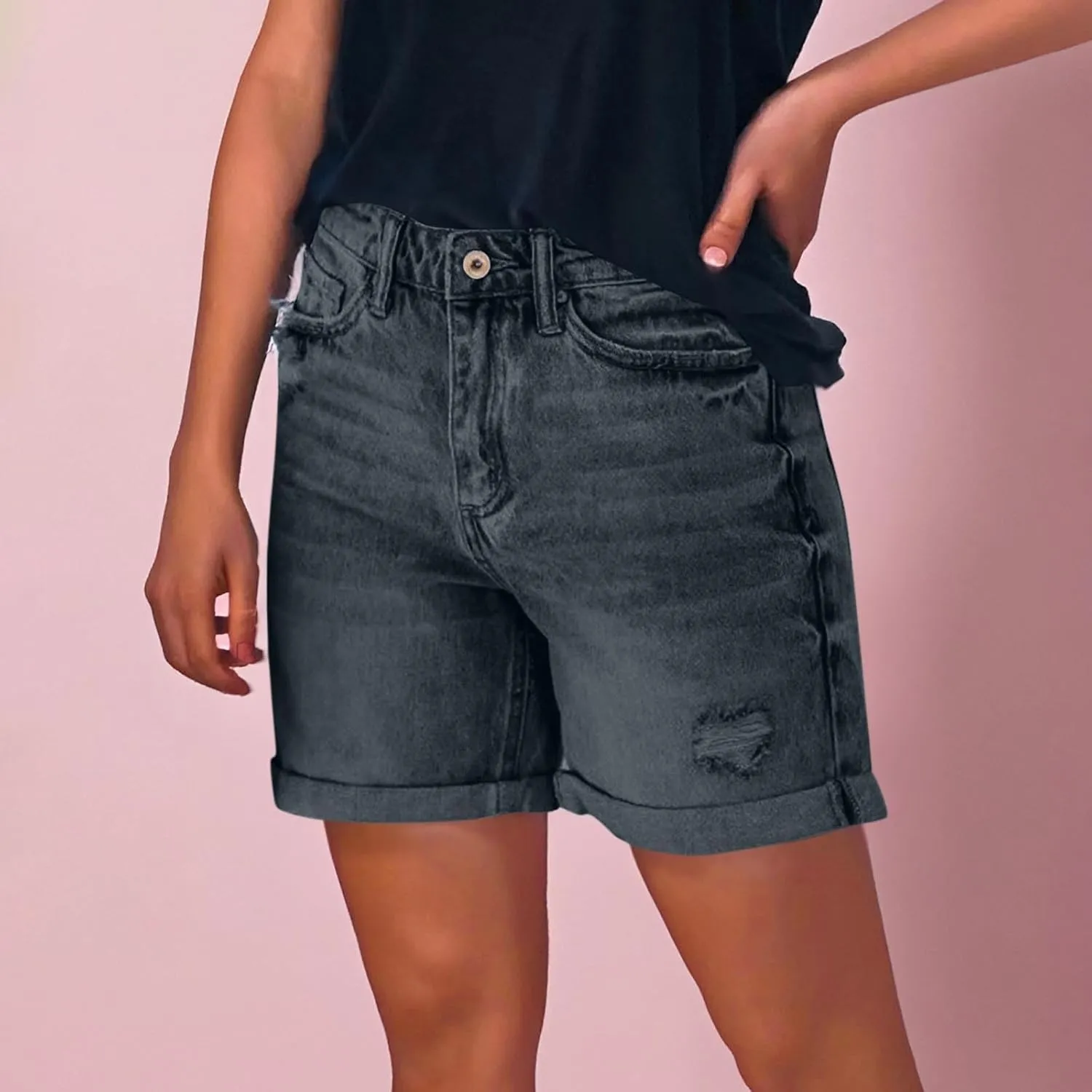 Womens Denim Shorts Stretchy Mid High Waisted Summer Beach Plus Size Casual Trendy Ripped Loose Fit Hot Short Jeans