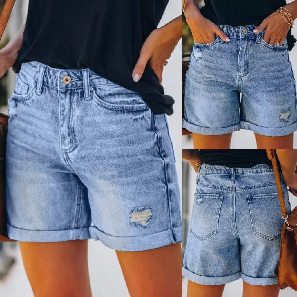 Womens Denim Shorts Stretchy Mid High Waisted Summer Beach Plus Size Casual Trendy Ripped Loose Fit Hot Short Jeans