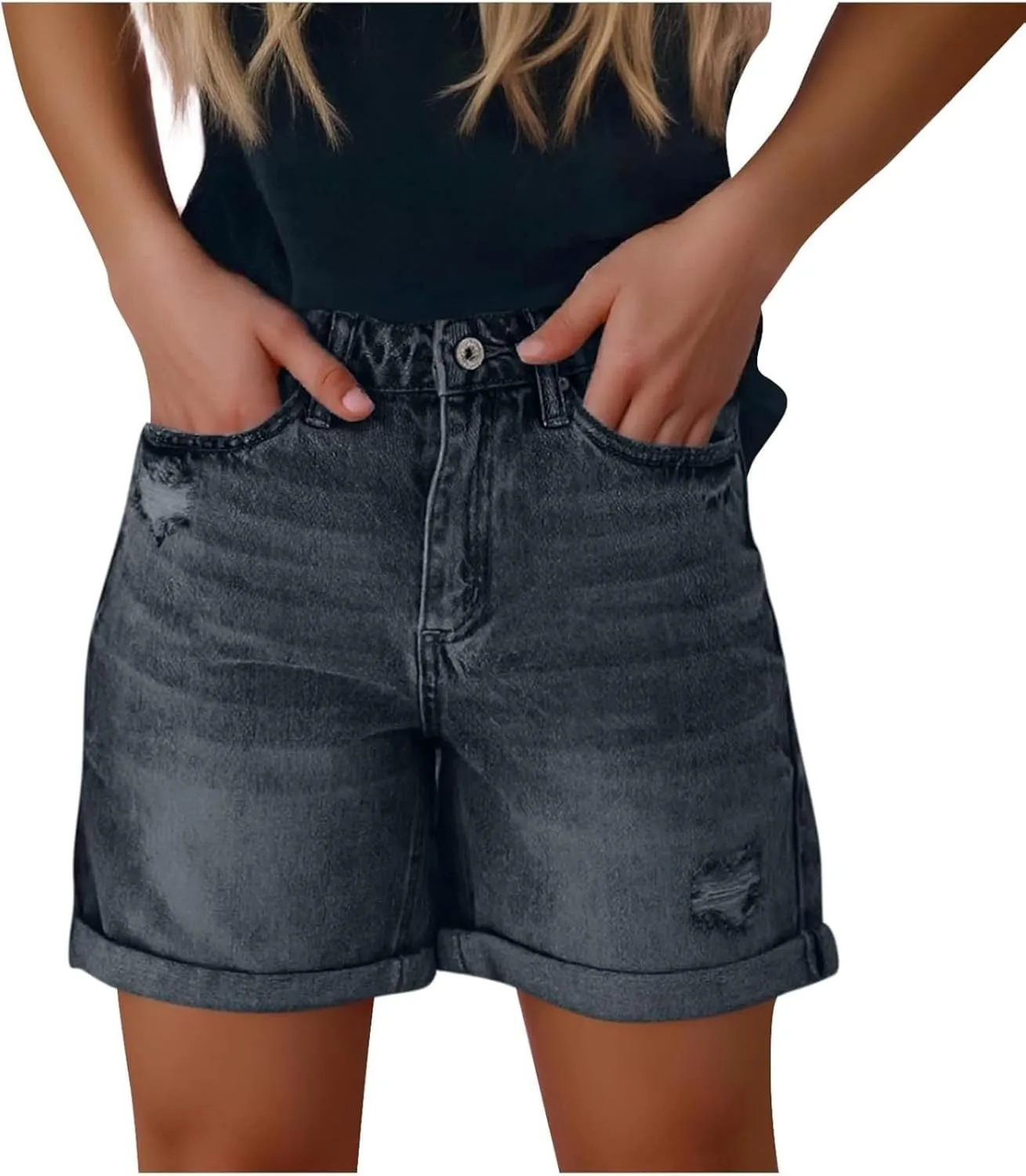 Womens Denim Shorts Stretchy Mid High Waisted Summer Beach Plus Size Casual Trendy Ripped Loose Fit Short Jeans