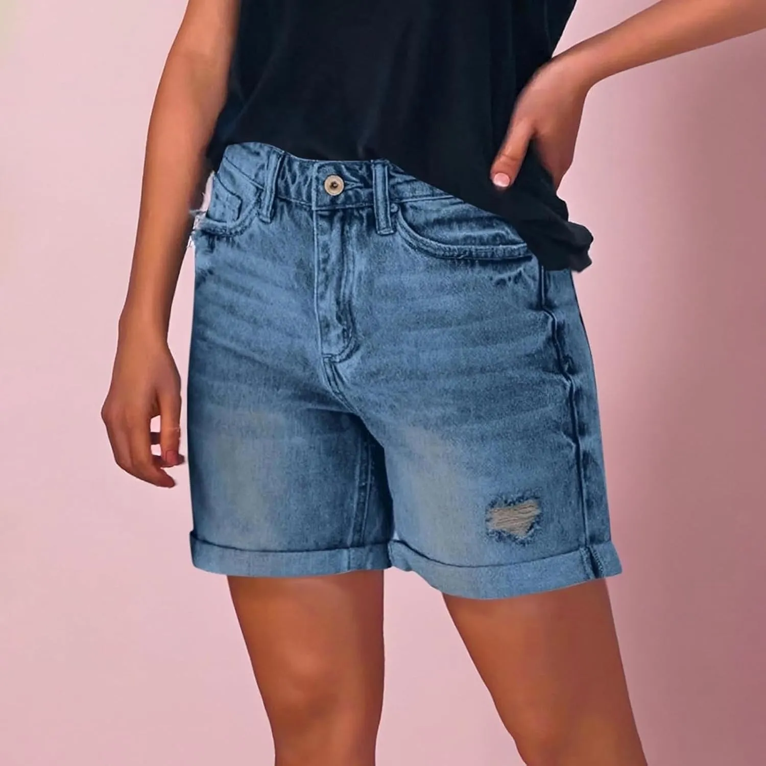 Womens Denim Shorts Stretchy Mid High Waisted Summer Beach Plus Size Casual Trendy Ripped Loose Fit Short Jeans
