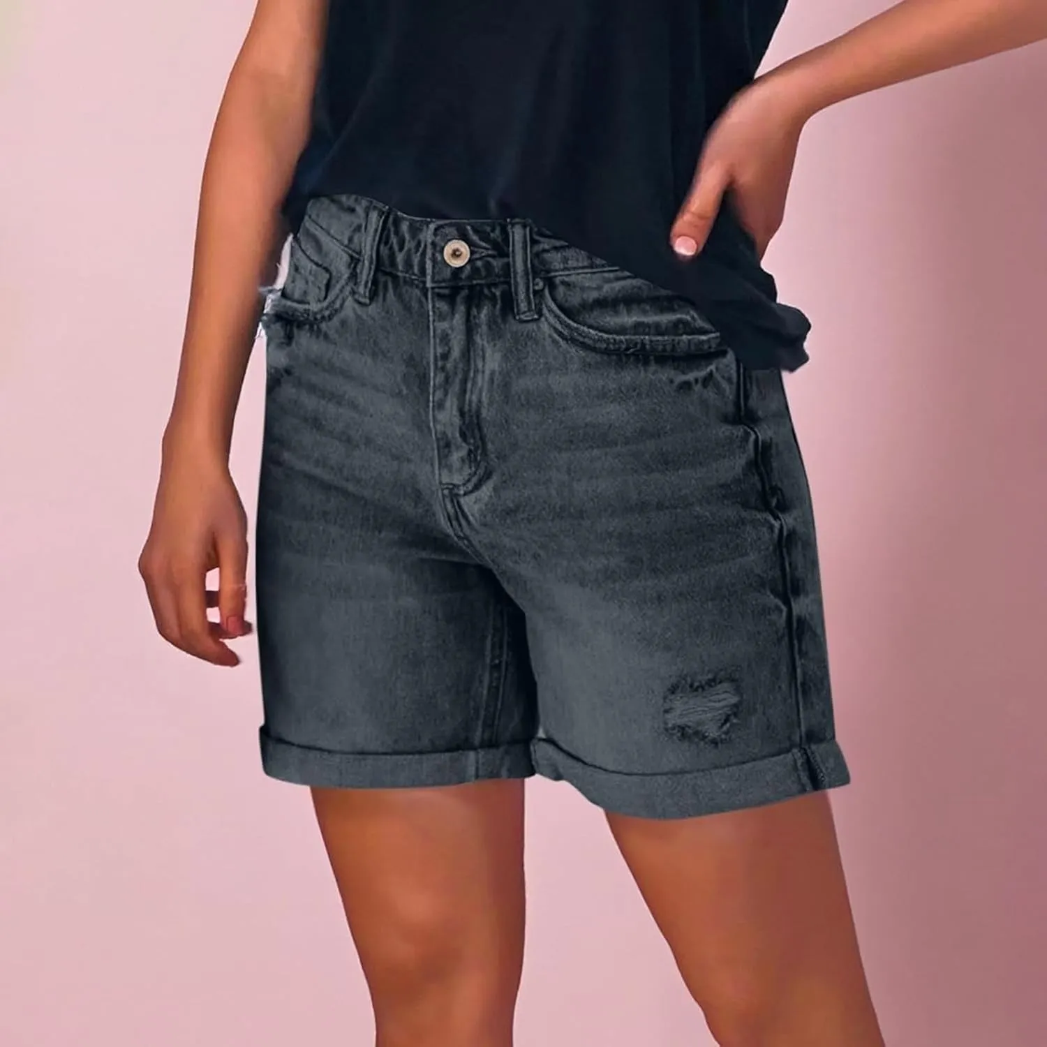 Womens Denim Shorts Stretchy Mid High Waisted Summer Beach Plus Size Casual Trendy Ripped Loose Fit Short Jeans