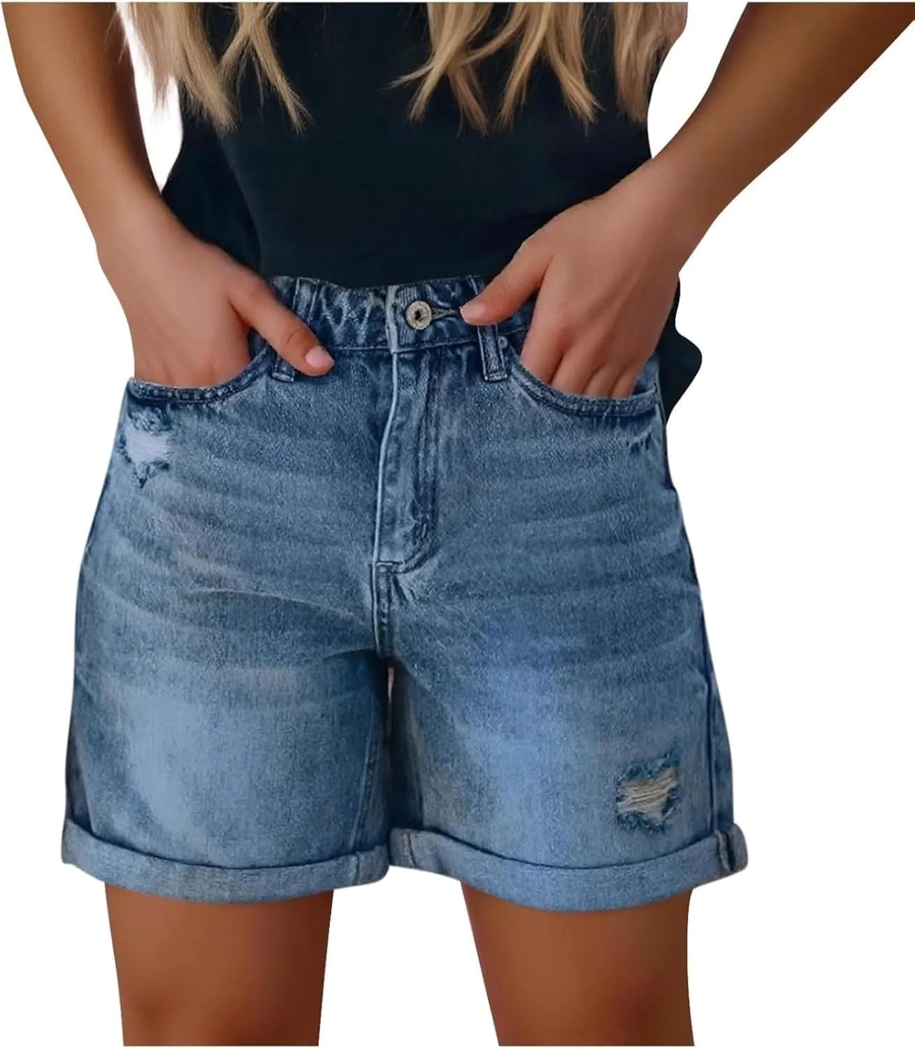 Womens Denim Shorts Stretchy Mid High Waisted Summer Beach Plus Size Casual Trendy Ripped Loose Fit Short Jeans
