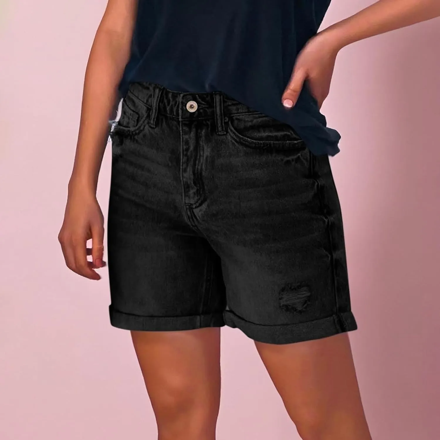 Womens Denim Shorts Stretchy Mid High Waisted Summer Beach Plus Size Casual Trendy Ripped Loose Fit Short Jeans