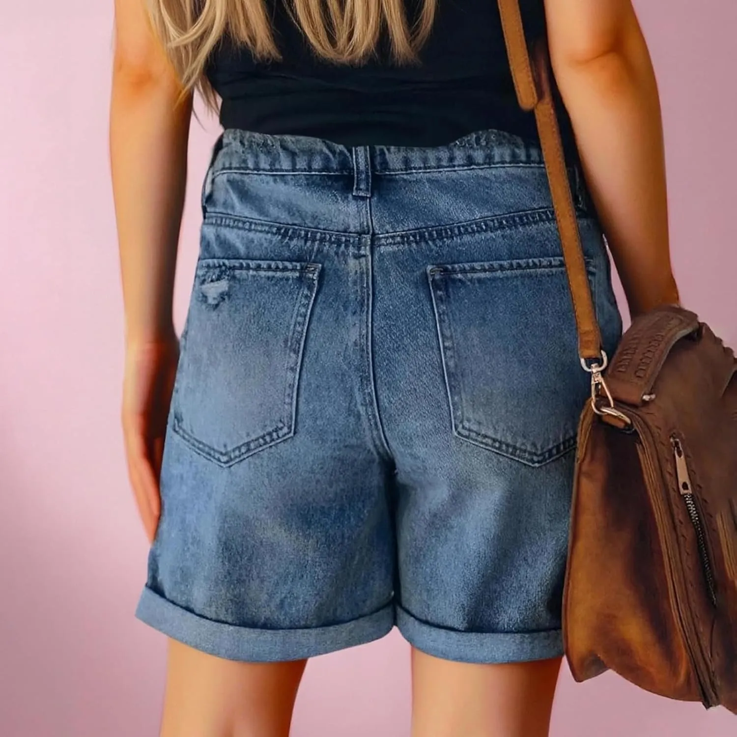 Womens Denim Shorts Stretchy Mid High Waisted Summer Beach Plus Size Casual Trendy Ripped Loose Fit Short Jeans