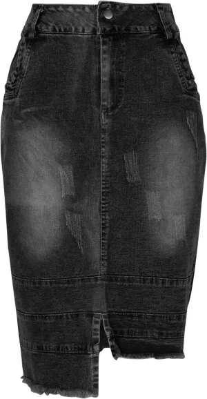 Women's Distressed Denim Pencil Skirt Fashion Frayed High-Low Hem Knee Length Skirts Summer Slim Fit Jean Skirt