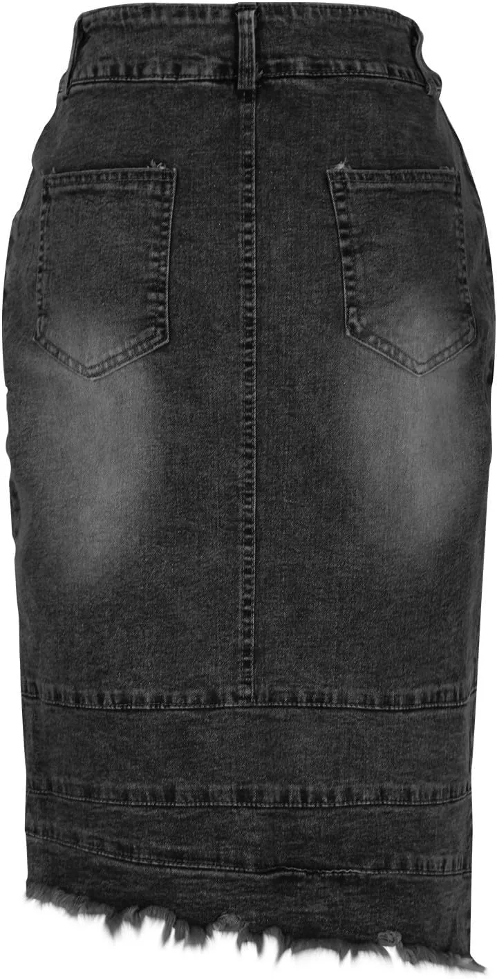 Women's Distressed Denim Pencil Skirt Fashion Frayed High-Low Hem Knee Length Skirts Summer Slim Fit Jean Skirt