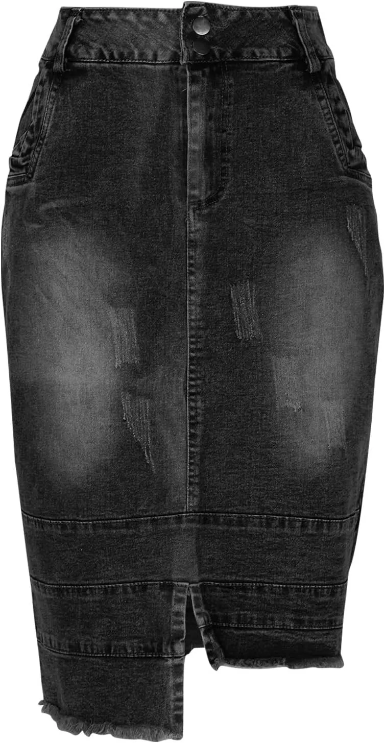 Women's Distressed Denim Pencil Skirt Fashion Frayed High-Low Hem Knee Length Skirts Summer Slim Fit Jean Skirt