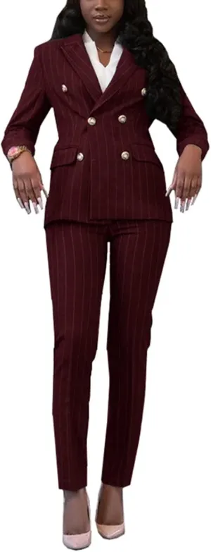Women's Double Breasted Striped 2 Piece Suit Set Business Blazer Jacket and Pants