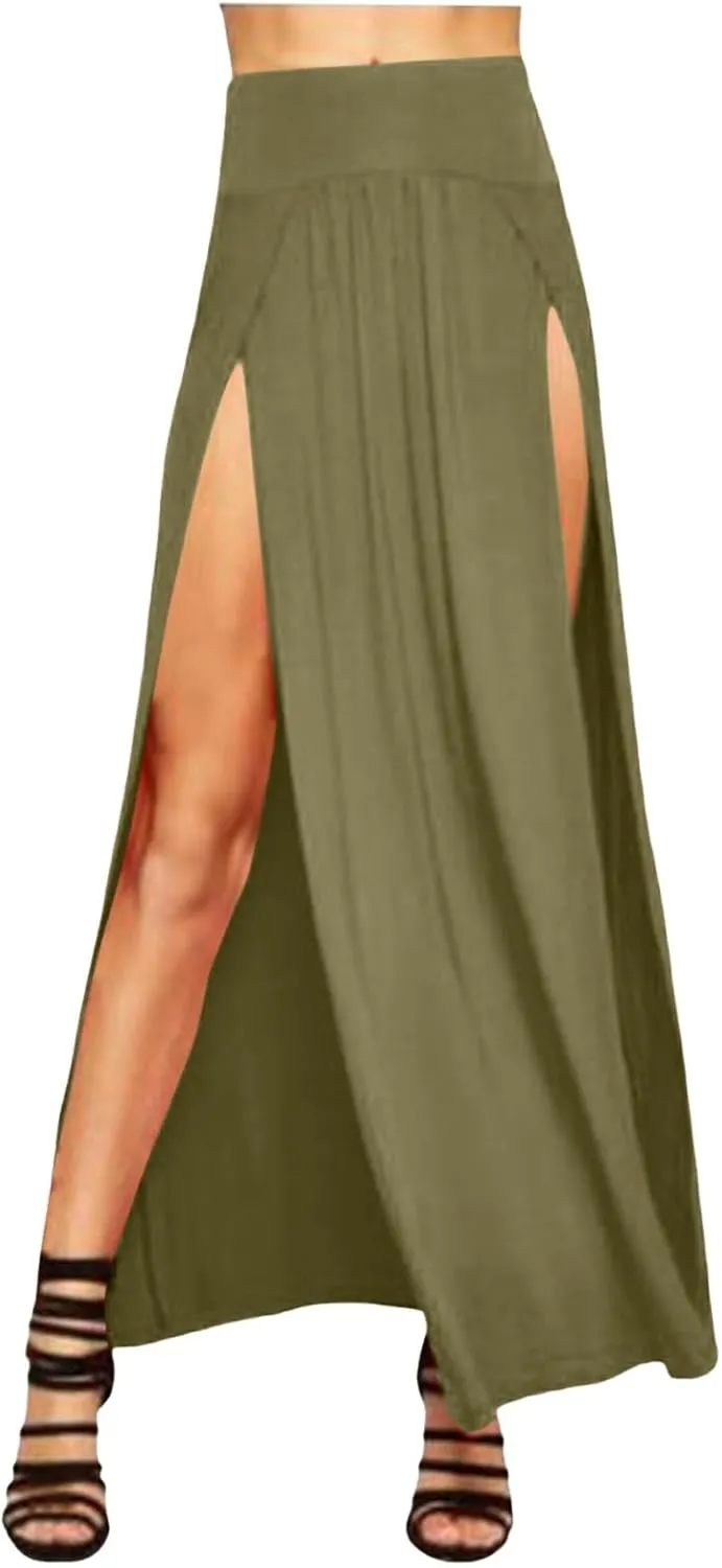 Womens Double Split Maxi Long Skirt Ladies Plain Basic Two Side Slit 4 22 Skirts Plus Size Elastic Waist