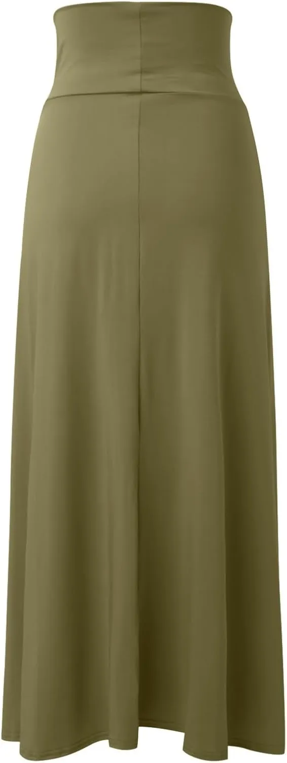 Womens Double Split Maxi Long Skirt Ladies Plain Basic Two Side Slit 4 22 Skirts Plus Size Elastic Waist