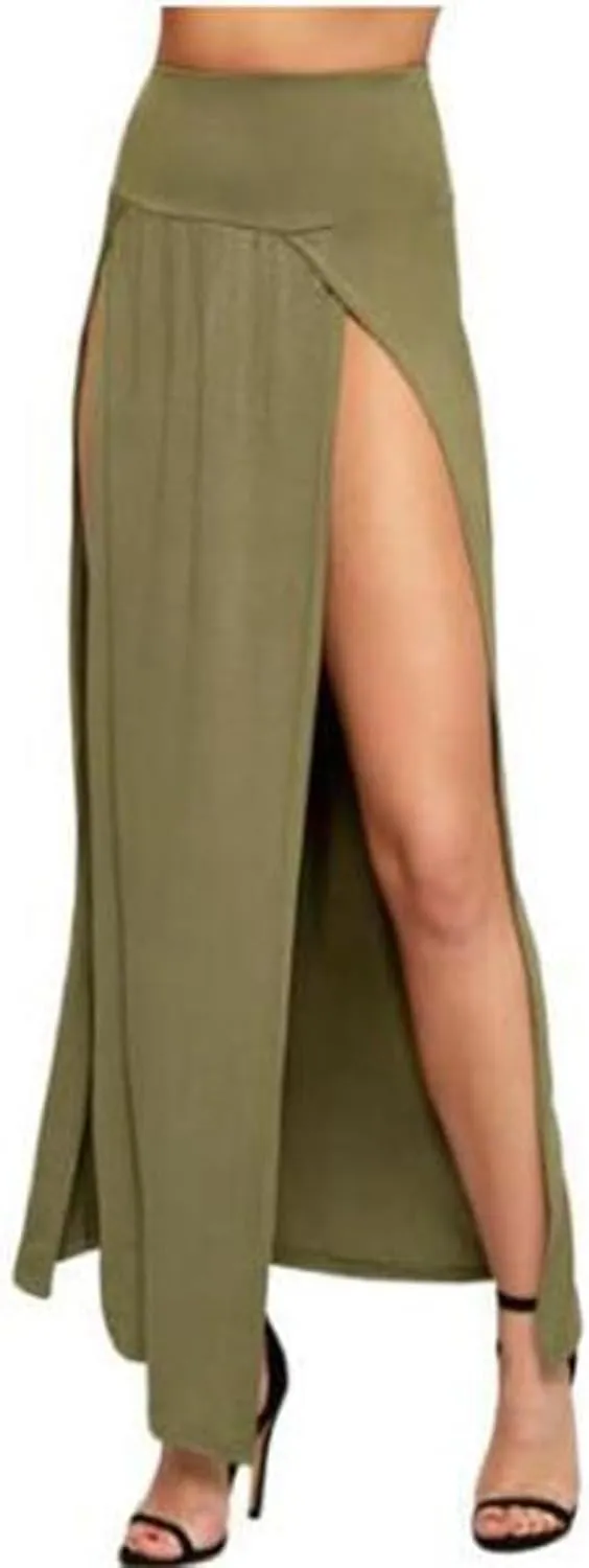 Womens Double Split Maxi Long Skirt Ladies Plain Basic Two Side Slit 4 22 Skirts Plus Size Elastic Waist