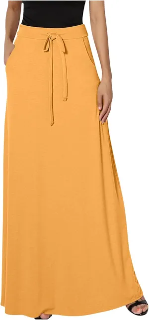 Women's Drawstring High Waist Maxi Skirts with Pockets Dressy Solid A Line Long Skirts Casual Slim Fit Pencil Skirt