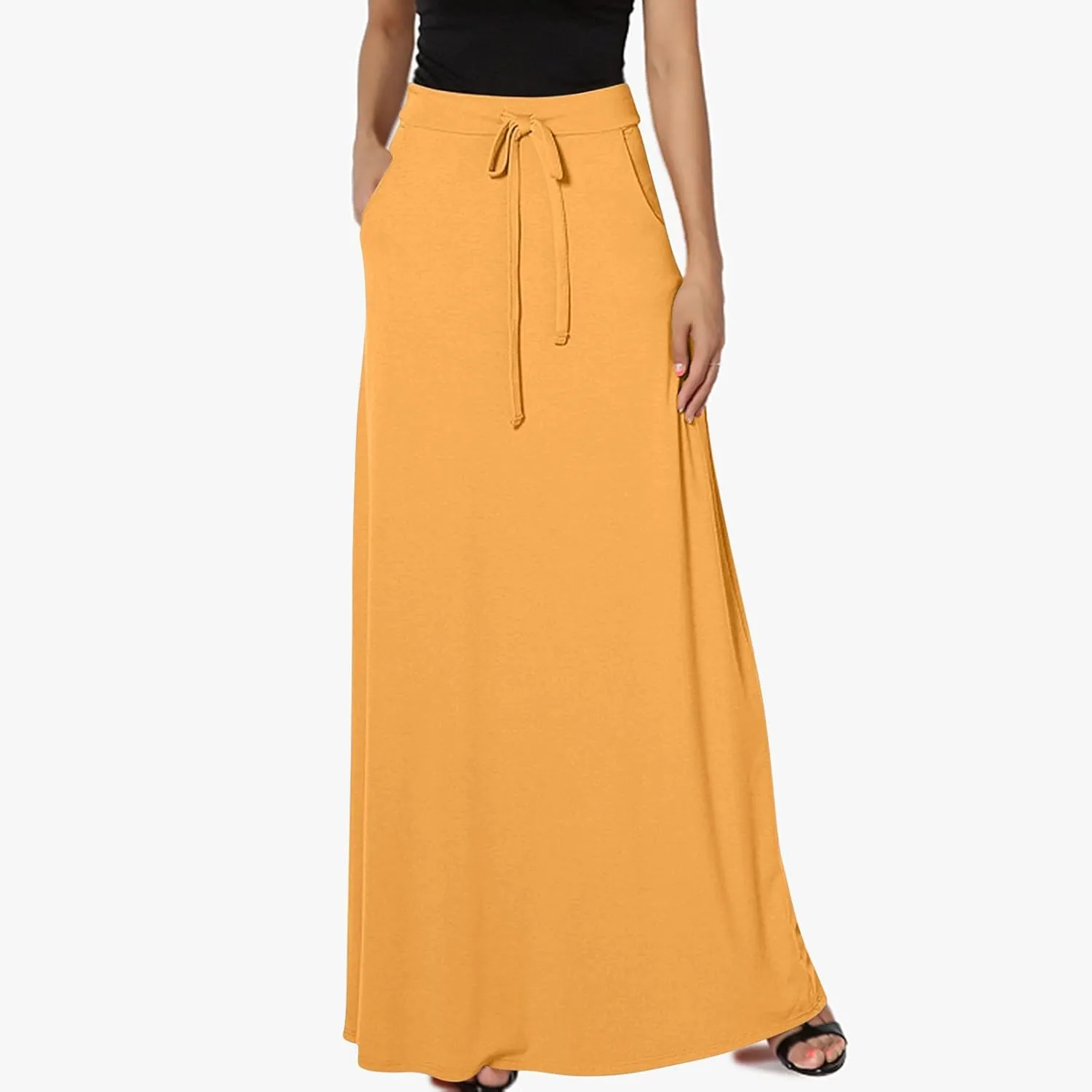 Women's Drawstring High Waist Maxi Skirts with Pockets Dressy Solid A Line Long Skirts Casual Slim Fit Pencil Skirt