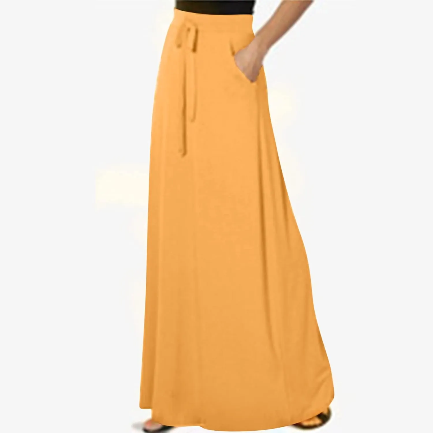 Women's Drawstring High Waist Maxi Skirts with Pockets Dressy Solid A Line Long Skirts Casual Slim Fit Pencil Skirt