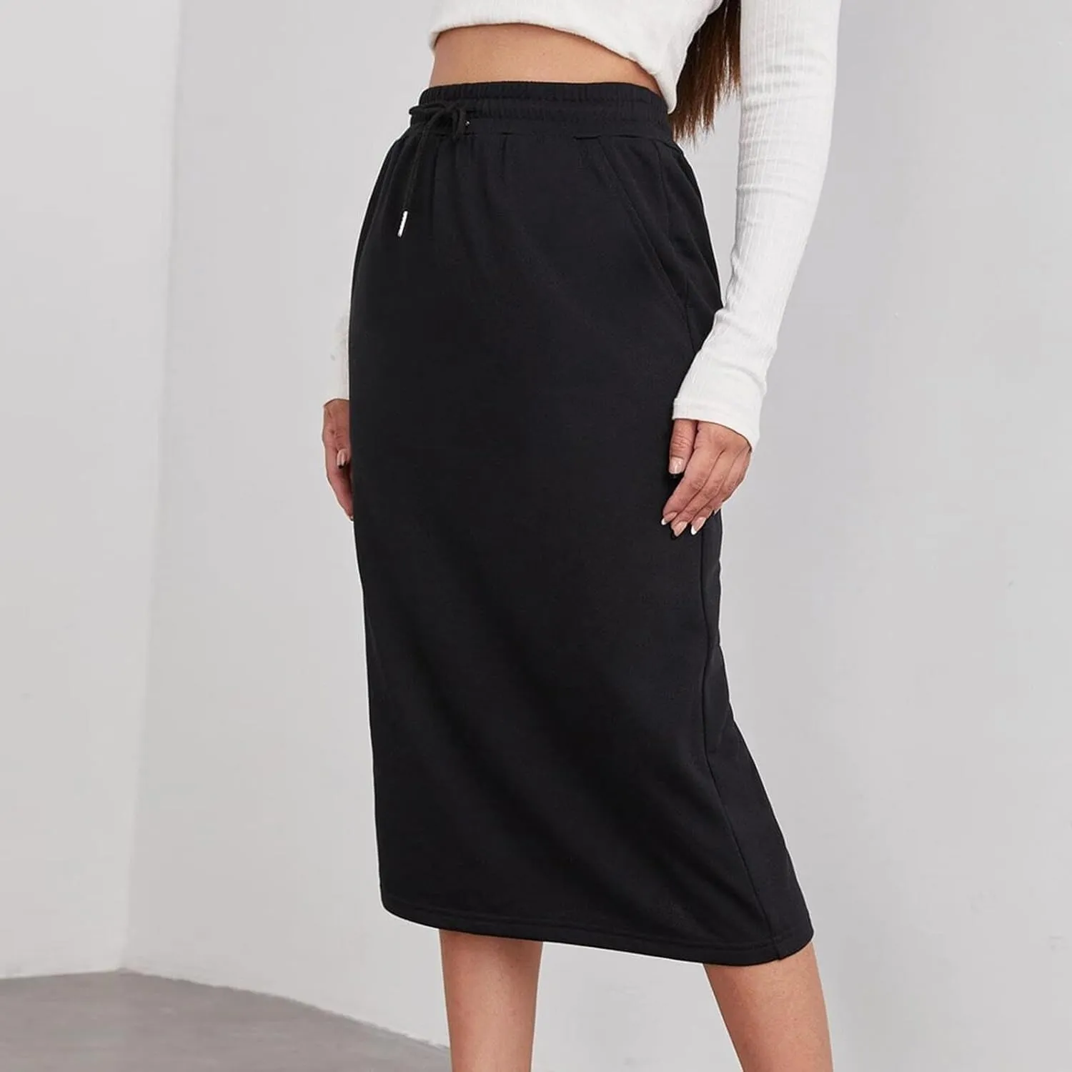 Womens Drawstring Maxi Skirt with Pockets Elastic High Waist A Line Long Sweat Skirts Trendy Fashion Outfits Clothes