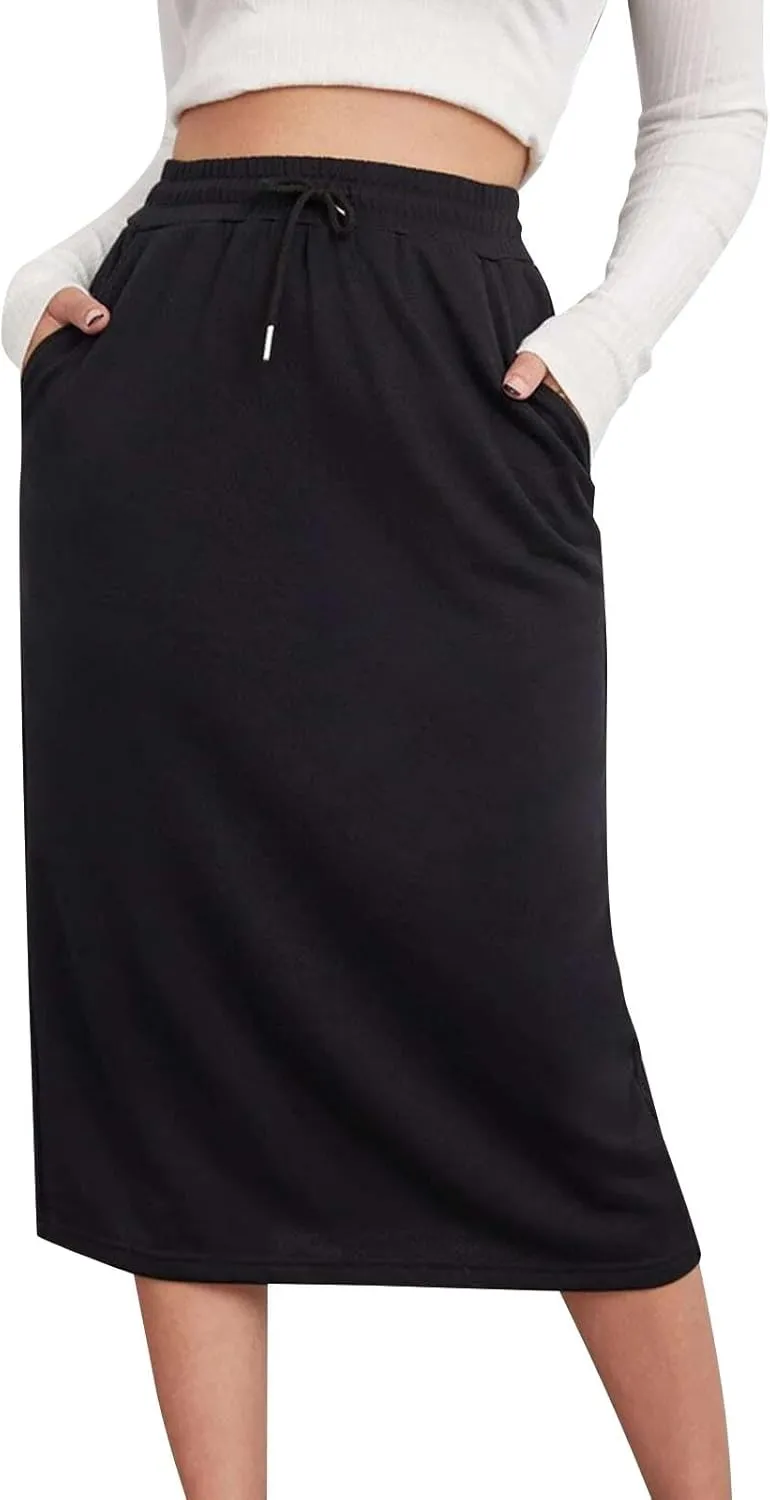 Womens Drawstring Maxi Skirt with Pockets Elastic High Waist A Line Long Sweat Skirts Trendy Fashion Outfits Clothes