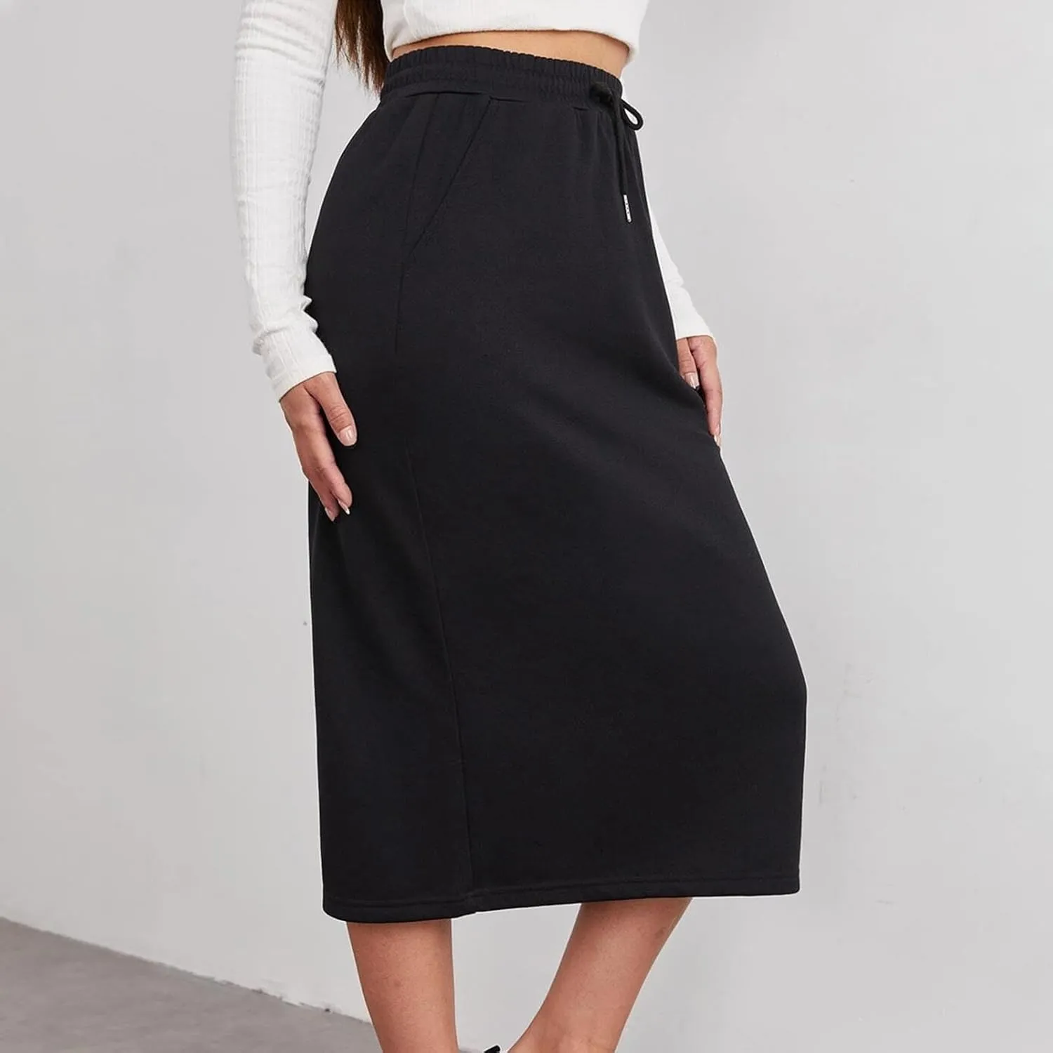Womens Drawstring Maxi Skirt with Pockets Elastic High Waist A Line Long Sweat Skirts Trendy Fashion Outfits Clothes