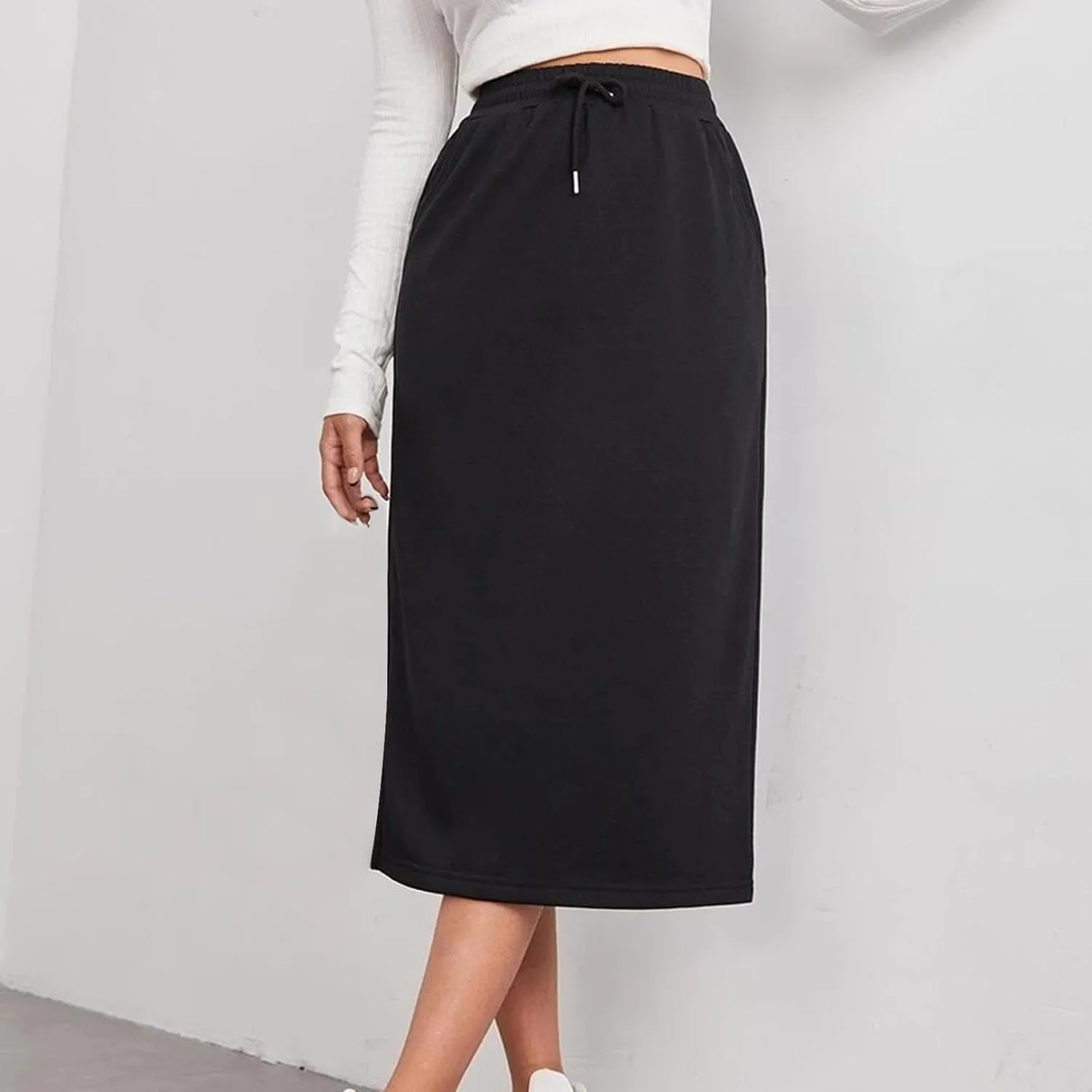 Womens Drawstring Maxi Skirt with Pockets Elastic High Waist A Line Long Sweat Skirts Trendy Fashion Outfits Clothes