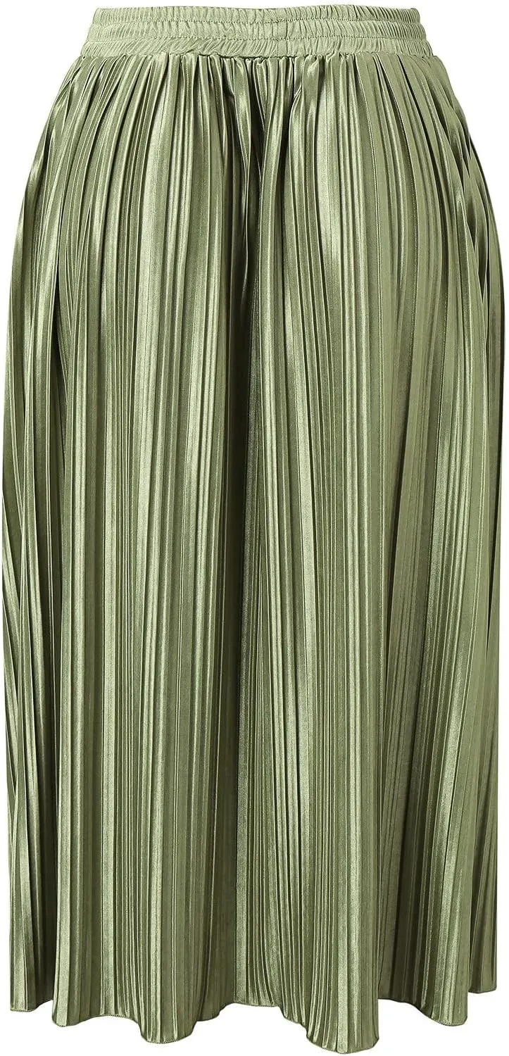 Women's Elastic Waist Skirts Party Shiny Accordion Pleated Midi Skirt Denim Skirts for Women Pleated Cheer Skirt
