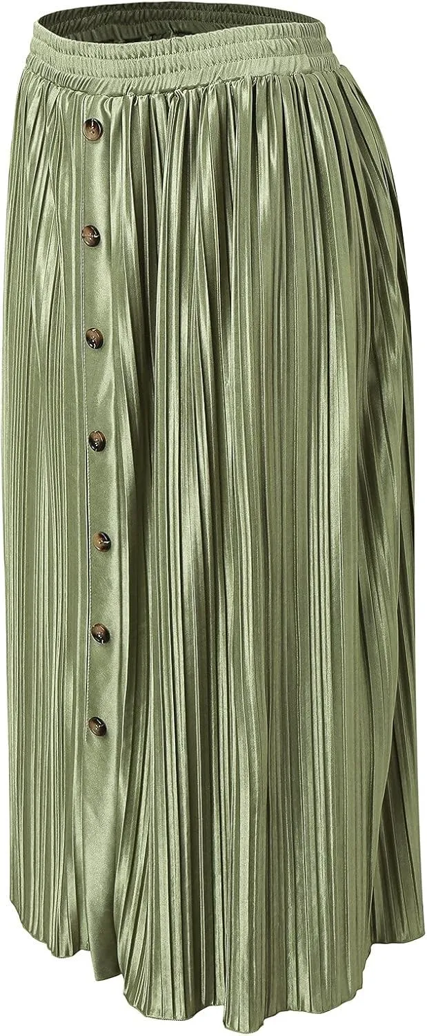 Women's Elastic Waist Skirts Party Shiny Accordion Pleated Midi Skirt Denim Skirts for Women Pleated Cheer Skirt