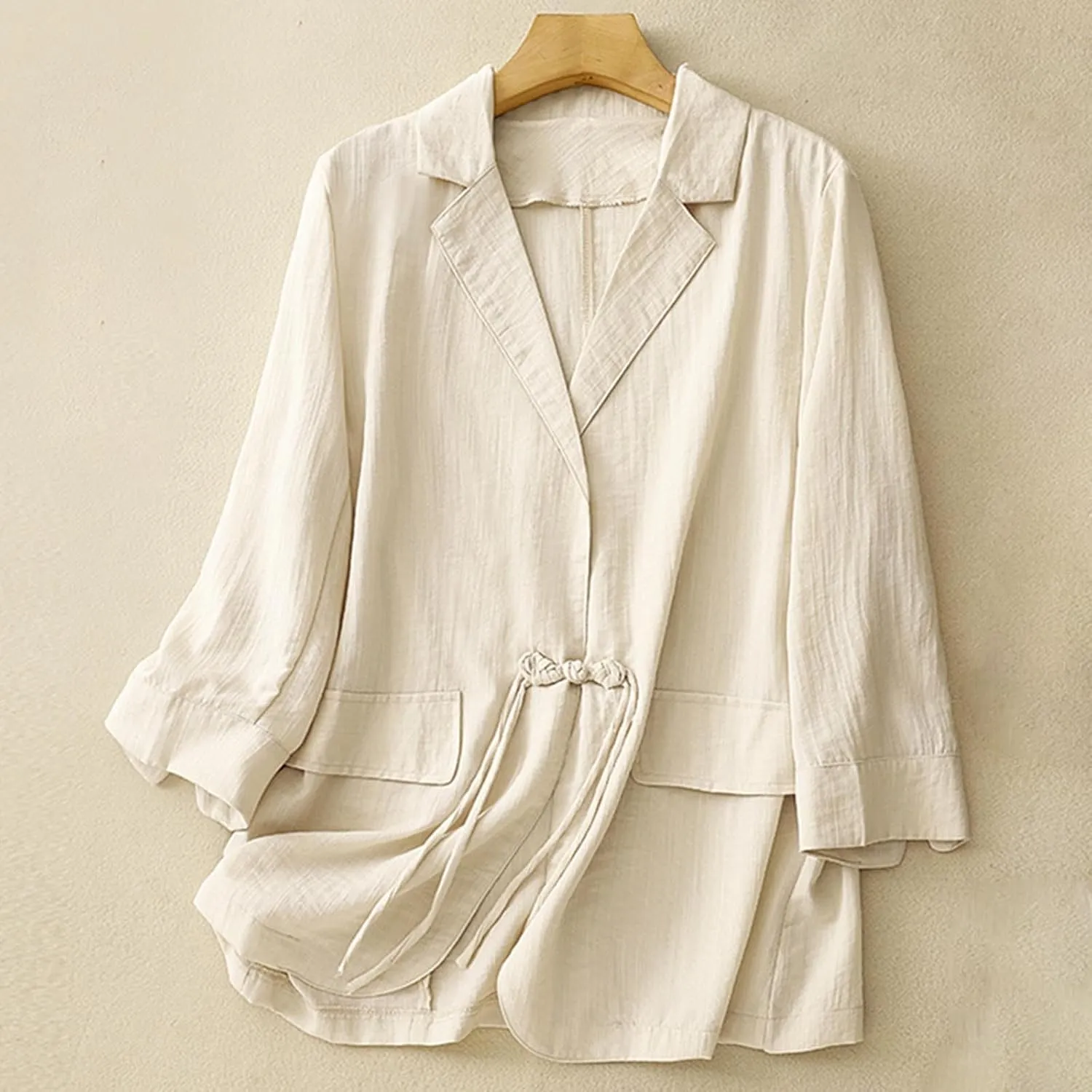 Women's Fall Casual Cotton Linen Blazers Lapel 3/4 Sleeve Open Front Lightweight Solid Color Jackets Coat with Pockets